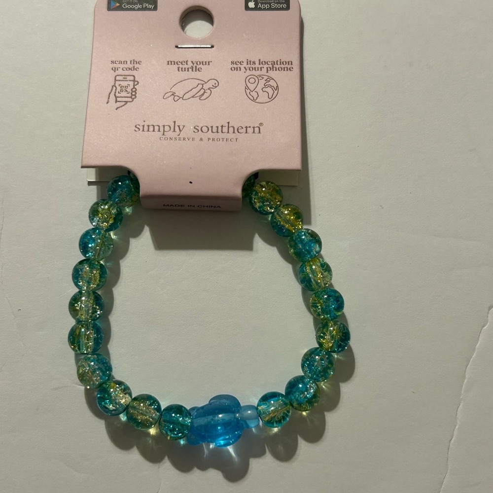 Simply Southern Conserve & Protect Teal Yellow Crackle Bead Turtle Bracelet NEW